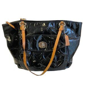 Coach Leah Black Patent Leather with Tan Straps logo Embossed Large Tote